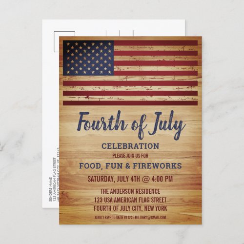 Rustic American Flag 4th Fourth of July Party Invitation Postcard - USA American Flag 4th of July Party Invitations. Invite friends and family to your patriotic fourth of July celebration with these rustic American Flag invitations. Personalize this american flag invitation with your event, name, and party details.
See our collection for matching patriotic 4th of July gifts ,party favors, and supplies. COPYRIGHT © 2021 Judy Burrows, Black Dog Art - All Rights Reserved. Rustic American Flag 4th Fourth of July Party Invitation Postcard