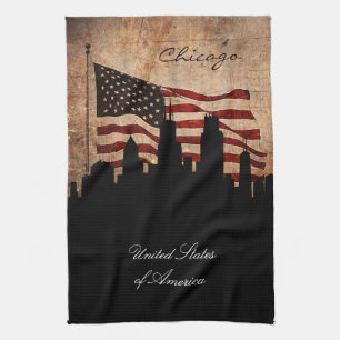 Rustic American Flag Chicago Skyline Kitchen Towel