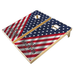 Rustic American Flag Family Name Monogram Cornhole Set