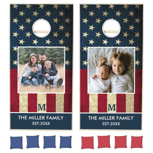  Rustic American Flag Family Name Monogram Photo   Cornhole Set