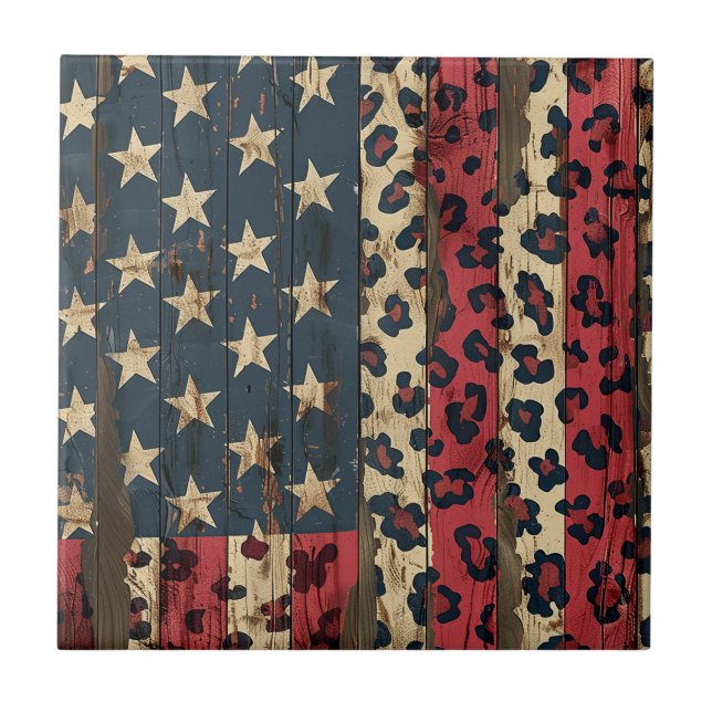 Rustic American Flag Leopard Print (1) Ceramic Tile (Front)