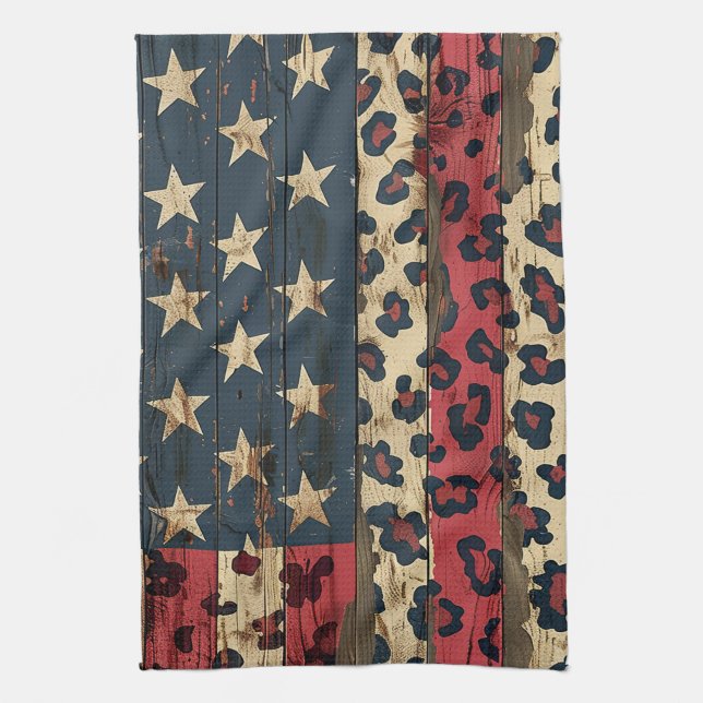 Rustic American Flag Leopard Print (1) Kitchen Towel (Vertical)
