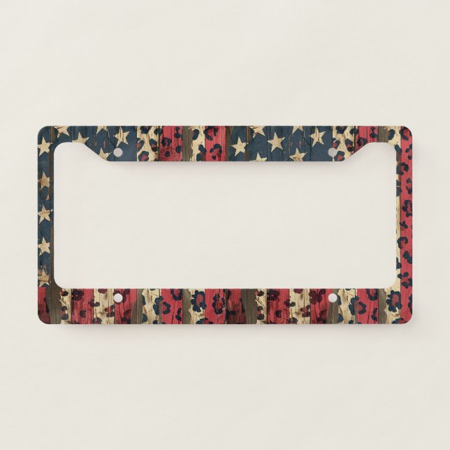Rustic American Flag Leopard Print (1) License Plate Frame (Front)