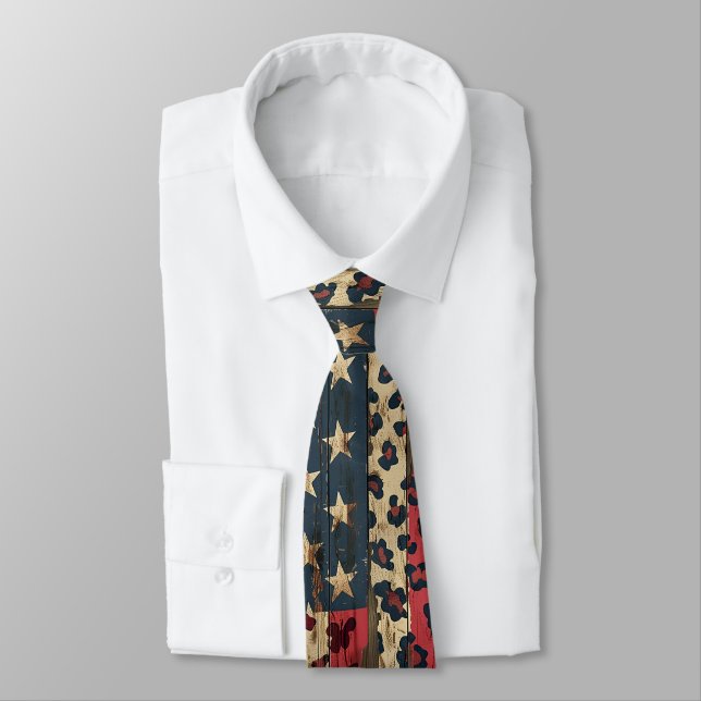 Rustic American Flag Leopard Print (1) Neck Tie (Tied)