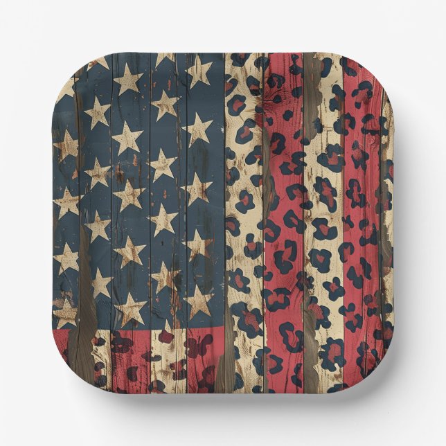 Rustic American Flag Leopard Print (1) Paper Plates (Front)