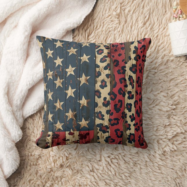 Rustic American Flag Leopard Print (1) Throw Pillow (Blanket)