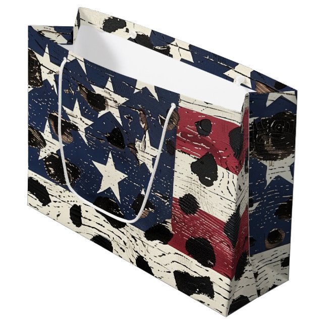 Rustic American Flag Leopard Print (2) Large Gift Bag (Front Angled)
