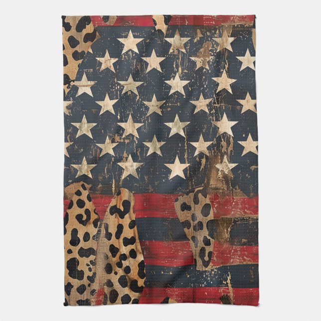 Rustic American Flag Leopard Print (3) Kitchen Towel (Vertical)