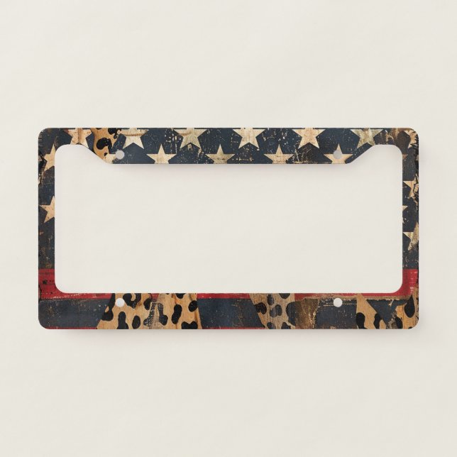 Rustic American Flag Leopard Print (3) License Plate Frame (Front)