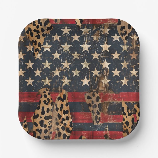 Rustic American Flag Leopard Print (3) Paper Plates (Front)