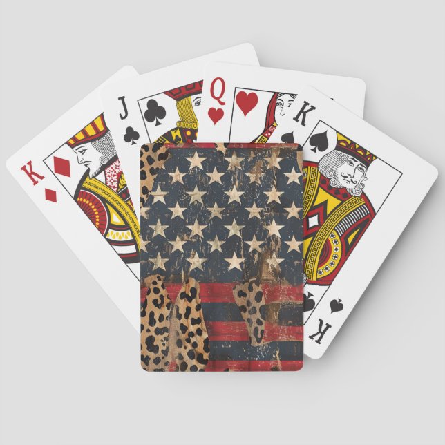 Rustic American Flag Leopard Print (3) Poker Cards (Back)