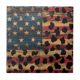 Rustic American Flag Leopard Print (4) Ceramic Tile