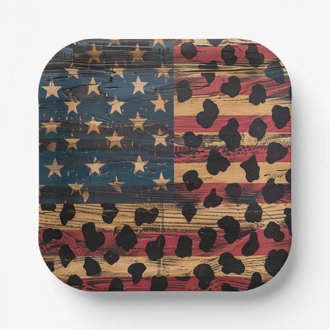Rustic American Flag Leopard Print (4) Paper Plates (Front)