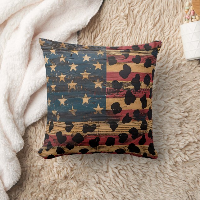 Rustic American Flag Leopard Print (4) Throw Pillow (Blanket)