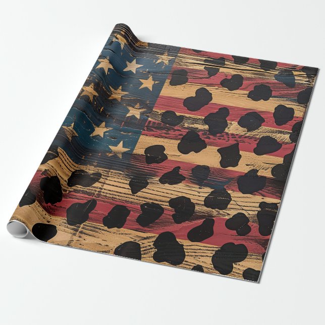 Rustic American Flag Leopard Print (4) Wrapping Paper (Unrolled)
