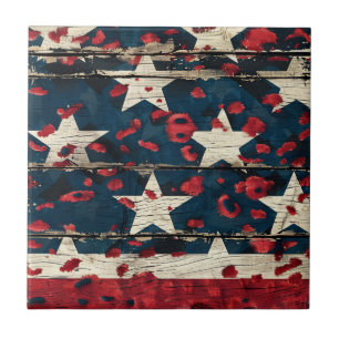 Rustic American Flag Leopard Print (5) Ceramic Tile