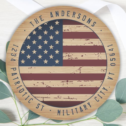 Rustic American Flag Military Return Address Classic Round Sticker