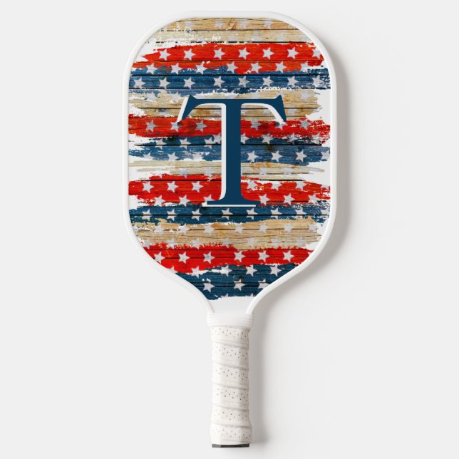 Rustic American Flag Monogram Pickleball Paddle (Front)