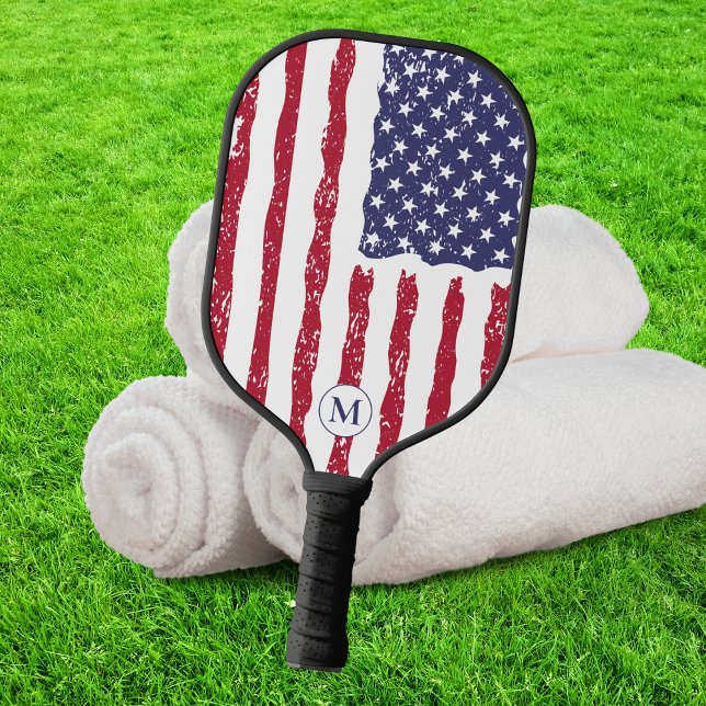 Rustic American Flag Monogram Pickleball Paddle (Creator Uploaded)
