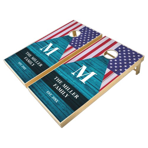 Rustic American Flag Monogram Wood Grain Cornhole Set