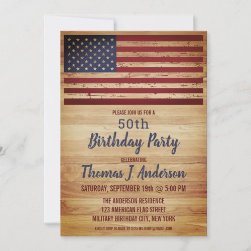  Rustic American Flag Patriotic 50 Birthday Party Invitation - USA American Flag Birthday Party Invitations. Invite friends and family to your patriotic birthday celebration with these rustic wood American Flag invitations. Personalize this american flag invitation with your event, name, and party details.
See our collection for matching patriotic birthday gifts ,party favors, and supplies. COPYRIGHT © 2021 Judy Burrows, Black Dog Art - All Rights Reserved. Rustic American Flag Patriotic 50 Birthday Party Invitation