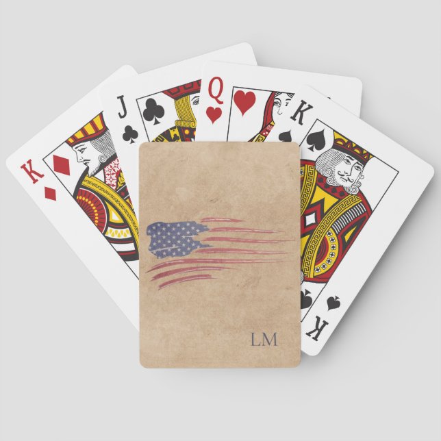 Rustic American Flag Patriotic Monogram Poker Cards (Back)