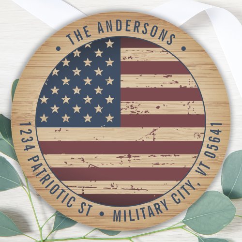 Rustic American Flag Patriotic Return Address Classic Round Sticker