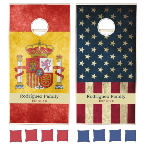 Rustic American Flag Spanish Flag Family Name Cornhole Set