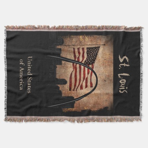 Rustic American Flag St Louis Skyline Landmark Throw Blanket