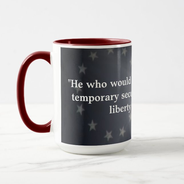Rustic American Flag With Benjamin Franklin Quote Mug (Left)