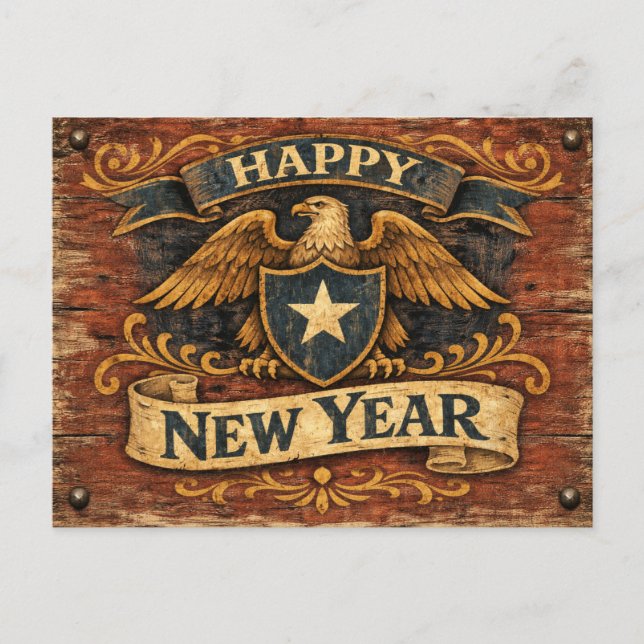 Rustic Americana Eagle Shield New Year Holiday Postcard (Front)