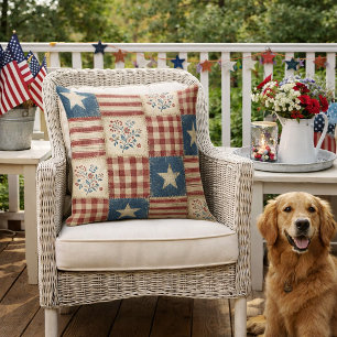 Rustic Americana Patchwork Quilt‑Style  Outdoor Pillow