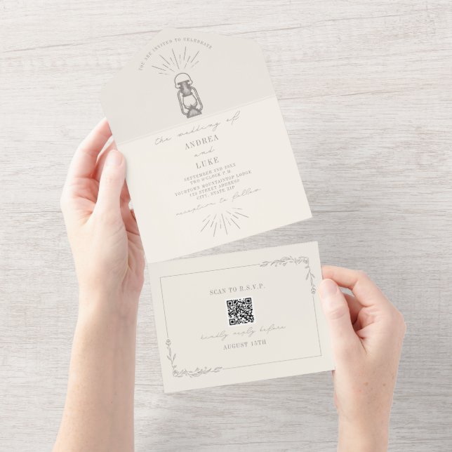 Rustic Amethyst Lantern QR Code RSVP All In One Invitation (Tearaway)