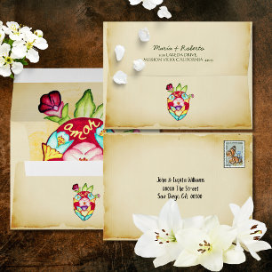 Rustic Anatomical Floral Heart Mexican Wedding Envelope