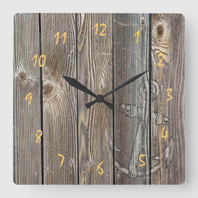 Rustic Anchor and Beautiful authentic looking wood Square Wall Clock (Front)