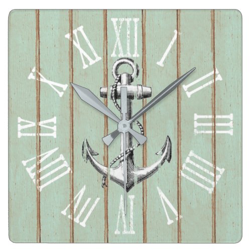 Rustic Anchor and Wood Elegant Nautical Square Wall Clock