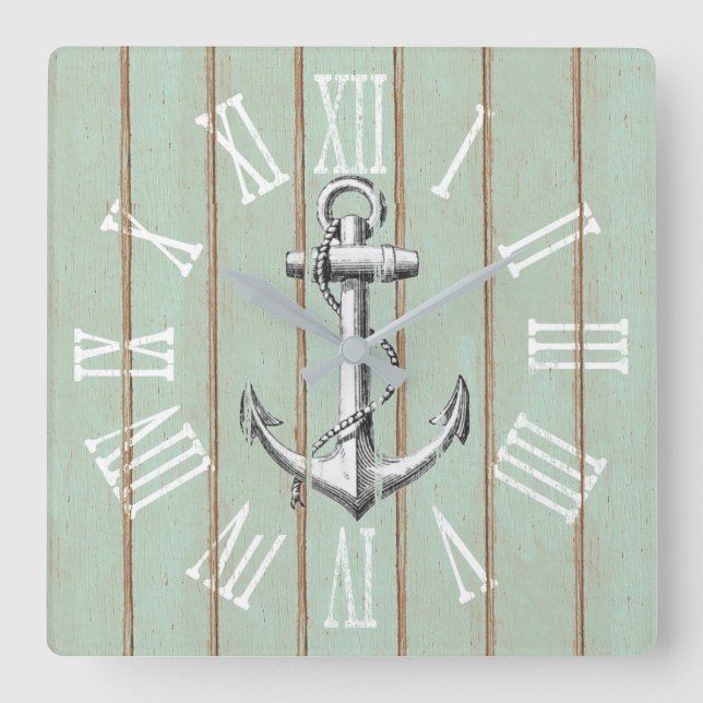 Rustic Anchor and Wood Elegant Nautical Square Wall Clock (Front)