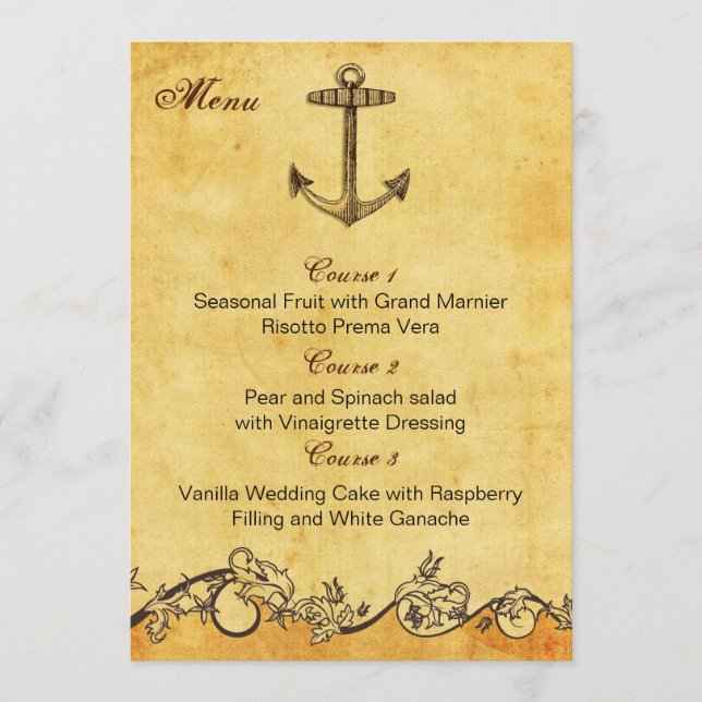 rustic anchor nautical wedding menu cards (Front)
