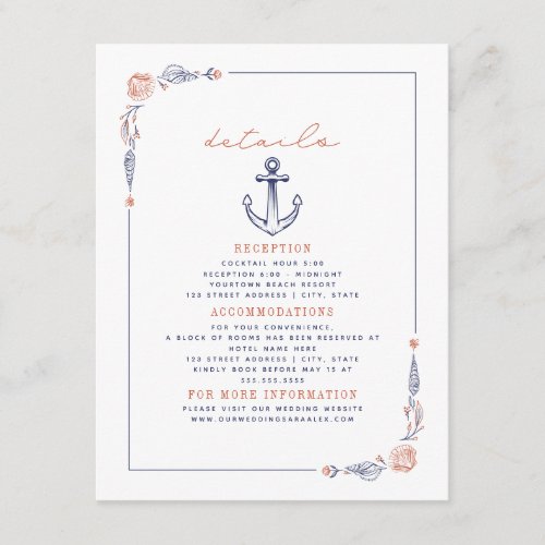 Rustic Anchor Red  Blue Beach Wedding Details Enclosure Card