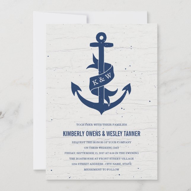 Rustic Anchor Wedding Invitation / Navy (Front)