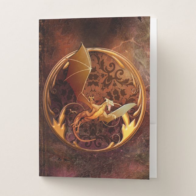 Rustic Ancient Faux Brown Leather Dragon Crest Pocket Folder (Front)
