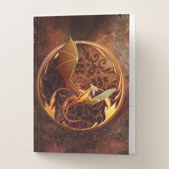 Rustic Ancient Faux Brown Leather Dragon Crest Pocket Folder (Front)