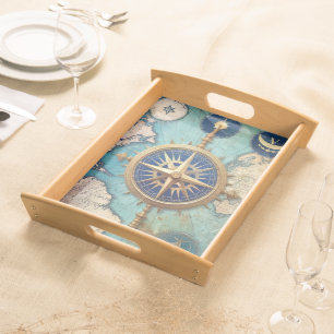 Rustic Ancient Nautical Compass Map Serving Tray