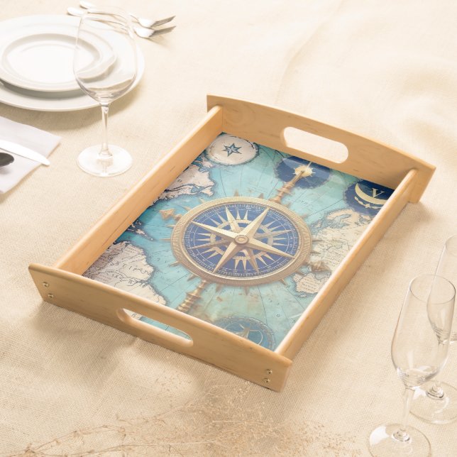 Rustic Ancient Nautical Compass Map Serving Tray (Front)