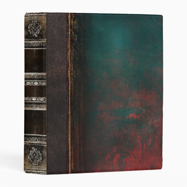 Rustic Ancient Tome Faux Red & Teal Leather Mini Binder (Front/Spine)