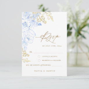 Rustic and elegant Floral dusty blue gold Wedding RSVP Card