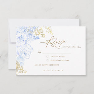 Rustic and elegant Floral dusty blue gold Wedding RSVP Card
