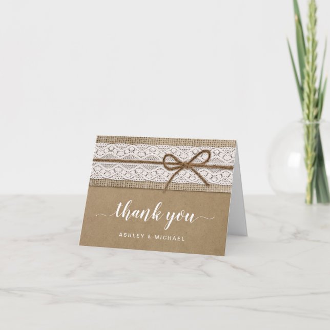 Rustic and Elegant Lace Burlap Script Thank You (Front)