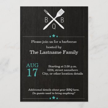 Rustic And Modern Bbq Invitations In Teal by rheasdesigns at Zazzle