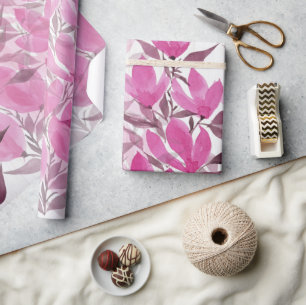 Rustic And Pink Magnolia Flowers Watercolor Wrapping Paper